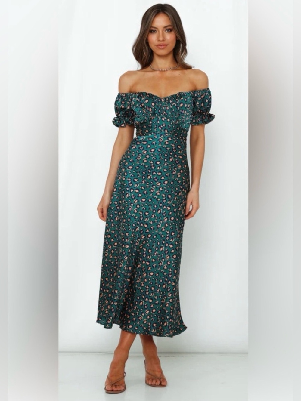 Hello Molly Off Shoulder Spiced Ginger Medley Maxi Dress in Green Leopard